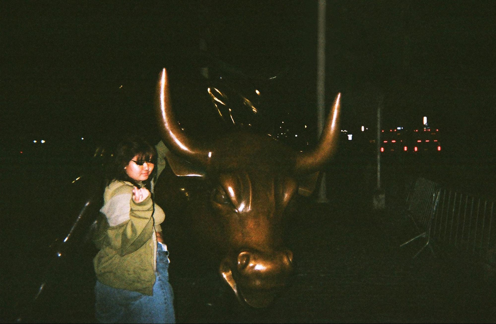 Margaret next to the Wall Street Bull at night, pointing at the camera